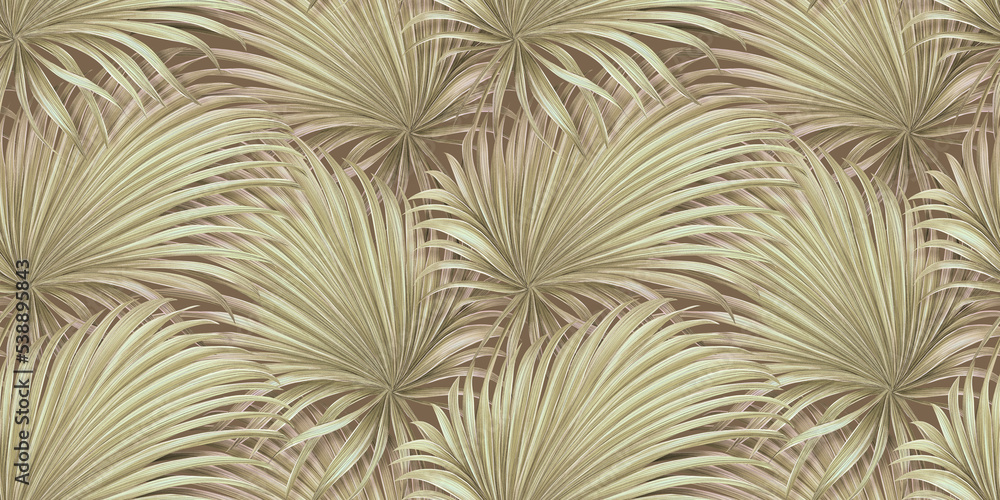 Palm leaves illustration in gold. Wallpaper texture, natural beige colors. 3d design, seamless pattern, abstract background. Mural ceiling. Watercolor effect, digital art, fabric printing, textile - obrazy, fototapety, plakaty 
