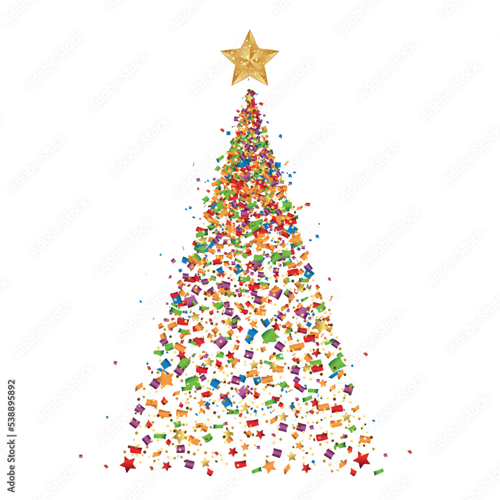 Holiday background with flying confetti, Party confetti pieces and Christmas tree Holiday background with flying confetti, Party confetti pieces and Christmas tree