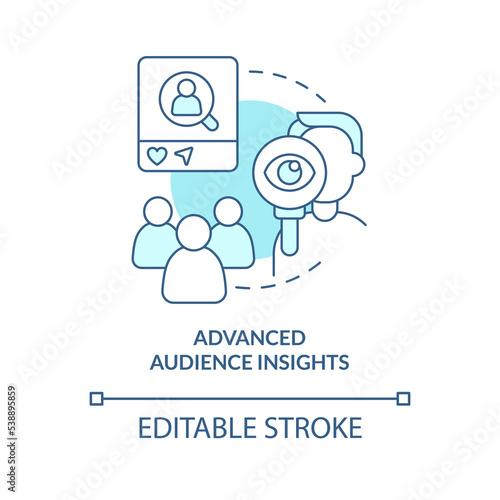 Advanced audience insights turquoise concept icon. Marketing behavioral analytic abstract idea thin line illustration. Isolated outline drawing. Editable stroke. Arial, Myriad Pro-Bold fonts used