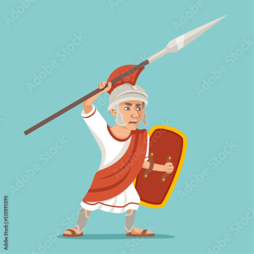 Attack spearman legionnaire warrior soldier spear shield greek roman character icon design cartoon vector illustration