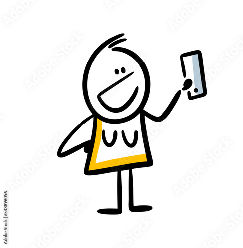 Cute doodle woman making selfy with new smartphone.