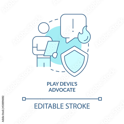 Play devil advocate turquoise concept icon. Take opposing viewpoint. Solve problems abstract idea thin line illustration. Isolated outline drawing. Editable stroke. Arial, Myriad Pro-Bold fonts used