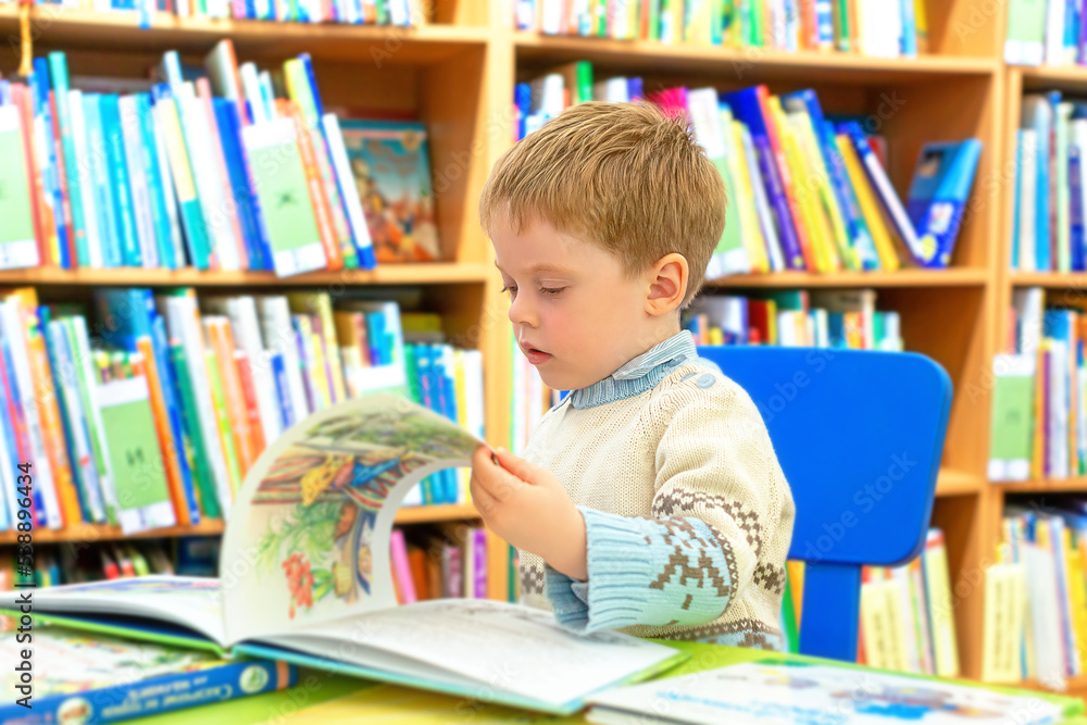 The kid carefully examines the pictures in fairy-tale books while sitting in the children's library. Blurred background The kid carefully examines the pictures in fairy-tale books while sitting in the children's library. Blurred background