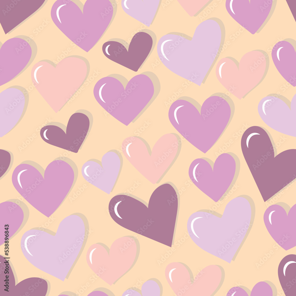 Vector seamless pattern with hearts. Hearts of different sizes, colors and shapes are randomly scattered over a plain background.