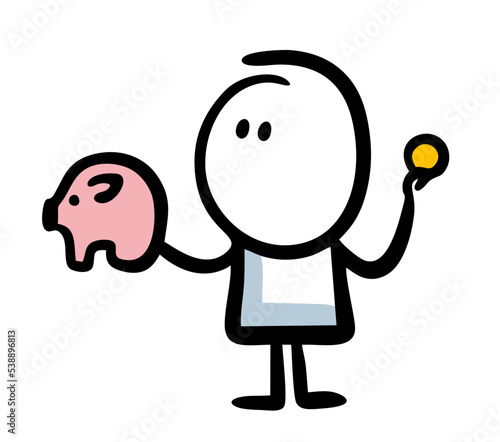 Sketch of a little child with pig bank and a coin saving money.
