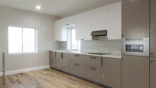 Wallpaper Mural Long kitchen with a large refrigerator and a window over the sink. 3d render Torontodigital.ca