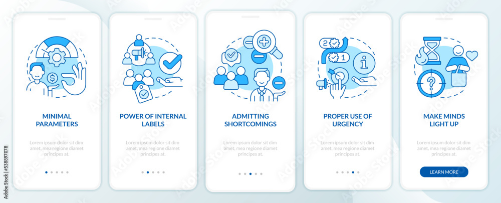 Engage more customers blue onboarding mobile app screen. Conversion walkthrough 5 steps editable graphic instructions with linear concepts. UI, UX, GUI template. Myriad Pro-Bold, Regular fonts used