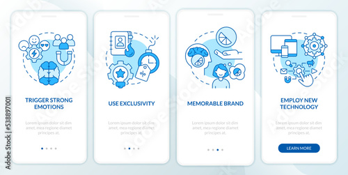 Improving client experience blue onboarding mobile app screen. Walkthrough 4 steps editable graphic instructions with linear concepts. UI, UX, GUI template. Myriad Pro-Bold, Regular fonts used
