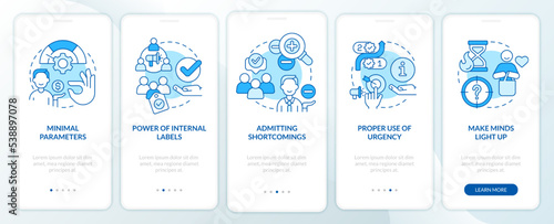 Engage more customers blue onboarding mobile app screen. Conversion walkthrough 5 steps editable graphic instructions with linear concepts. UI, UX, GUI template. Myriad Pro-Bold, Regular fonts used