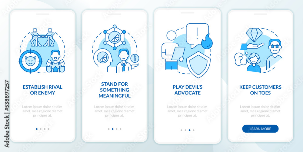 Consumers engagement blue onboarding mobile app screen. Client magnet walkthrough 4 steps editable graphic instructions with linear concepts. UI, UX, GUI template. Myriad Pro-Bold, Regular fonts used