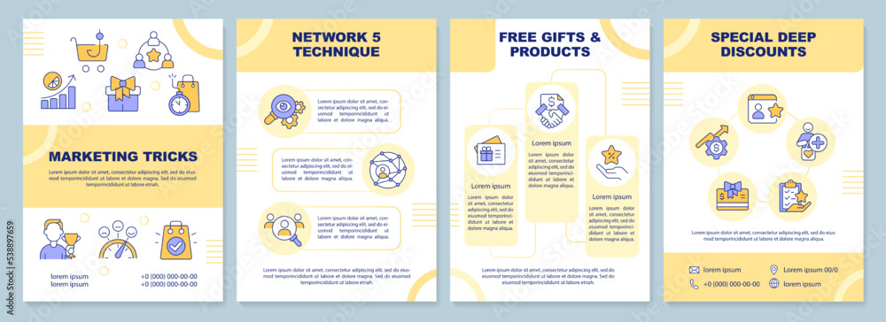 Marketing tricks yellow brochure template. Brand loyalty. Leaflet design with linear icons. Editable 4 vector layouts for presentation, annual reports. Arial-Black, Myriad Pro-Regular fonts used