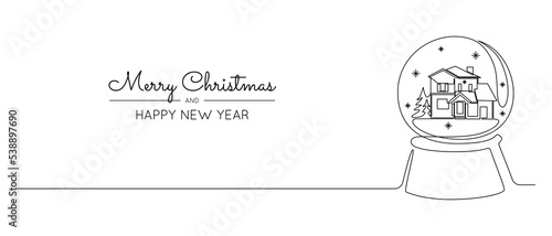 One continuous line drawing of Christmas snow globe with house inside. Magic glass ball for winter xmas holiday concept in simple linear style. Editable stroke. Doodle vector illustration