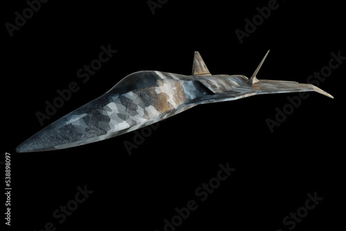 Combat aircraft fighter 5th or 6th generation isolated on black background. The concept of combat aviation, air force, new technologies. 3D illustration, 3D render.