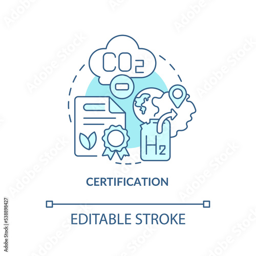 Hydrogen certification turquoise concept icon. Validation of green technology abstract idea thin line illustration. Isolated outline drawing. Editable stroke. Roboto-Medium, Myriad Pro-Bold fonts used