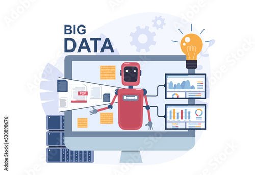 The concept of automated reporting based on big data analysis. Vector illustration.