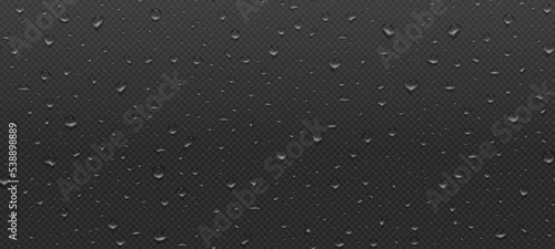 Realistic water droplets transparent pattern on black background. Raindrops on glass. Shower or rain on window. Drops texture. Condensed wet on surface. Vector illustration
