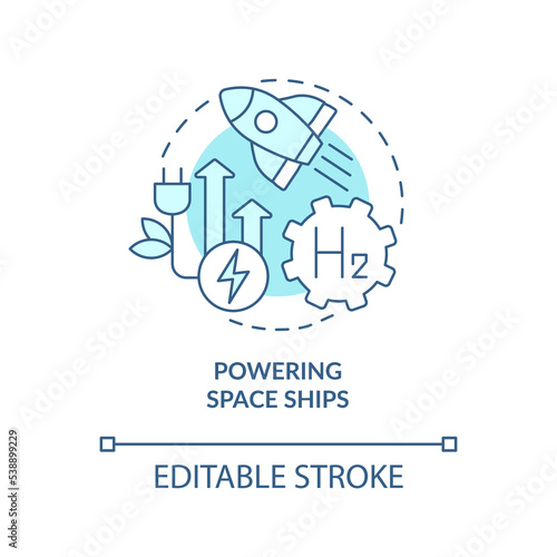Powering spaceship turquoise concept icon. Benefit of hydrogen energy usage abstract idea thin line illustration. Isolated outline drawing. Editable stroke. Roboto-Medium, Myriad Pro-Bold fonts used