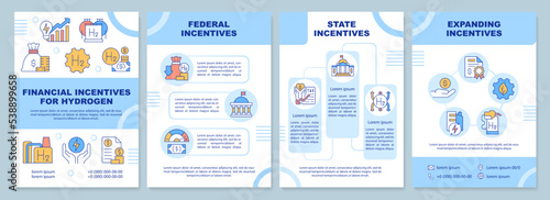 Hydrogen financial incentives brochure template. Green fuel. Leaflet design with linear icons. Editable 4 vector layouts for presentation, annual reports. Arial-Black, Myriad Pro-Regular fonts used