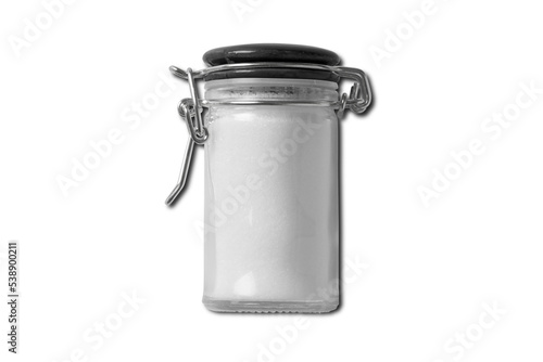 Empty blank glass jar with sugar or salt mockup Isolated on white background. salt cellar, kitchen glass container storage.3d rendering.