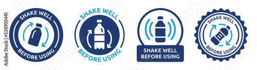 Shake well before using vector label sign. Shake bottle instruction sticker vector set.