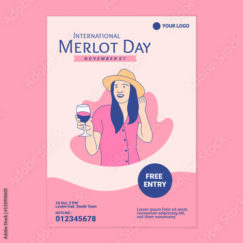 Illustrations beautiful woman enjoy holding merlot wine for International Merlot Day poster template