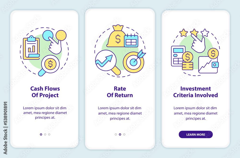 Factors affecting investment decisions onboarding mobile app screen. Walkthrough 3 steps editable graphic instructions with linear concepts. UI, UX, GUI template. Myriad Pro-Bold, Regular fonts used Factors affecting investment decisions onboarding mobile app screen. Walkthrough 3 steps editable graphic instructions with linear concepts. UI, UX, GUI template. Myriad Pro-Bold, Regular fonts used