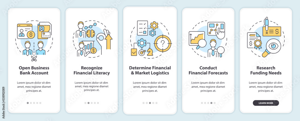 Good financial management for startup onboarding mobile app screen. Walkthrough 5 steps editable graphic instructions with linear concepts. UI, UX, GUI template. Myriad Pro-Bold, Regular fonts used