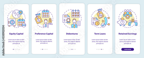Sources of long term financing onboarding mobile app screen. Walkthrough 5 steps editable graphic instructions with linear concepts. UI, UX, GUI template. Myriad Pro-Bold, Regular fonts used