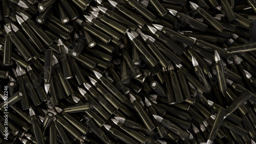 Background from pile of realistic ammo khaki color with metallic elements 3d rendering