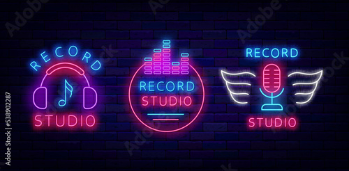 Record studio neon signs collection. Light labels pack. Musical recording badge. Vector stock illustration