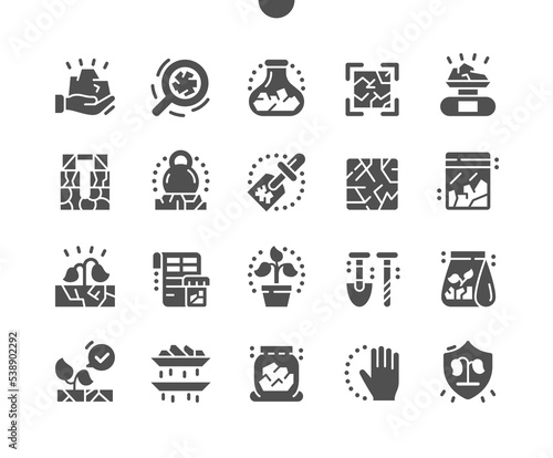Soil testing. Weighing soil. Digging tools. Biotechnology, probe, measurement, geotechnical. Vector Solid Icons. Simple Pictogram
