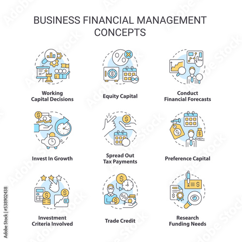 Business financial management concept icons set. Enterprise strategy and approach idea thin line color illustrations. Isolated symbols. Editable stroke. Roboto-Medium, Myriad Pro-Bold fonts used