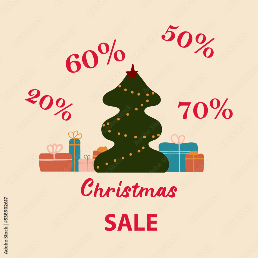 Christmas poster with discounts. Hand drawn Christmas gifts and Christmas tree in flat style