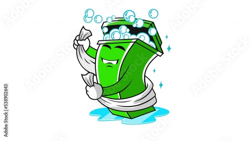 Animated trash can bin is fun to dry with a towel after a shower