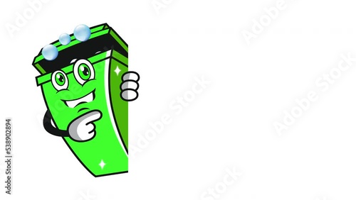 Animated trash can bin shows banner