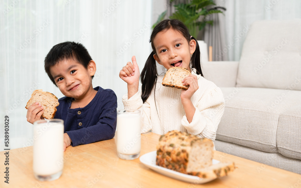Asian sibling eating multigrain whole whet homemade bread and drink milk together with happy moment. Concept of healthy food and lifestyle, nutrition, natural food for children in family life. Asian sibling eating multigrain whole whet homemade bread and drink milk together with happy moment. Concept of healthy food and lifestyle, nutrition, natural food for children in family life.