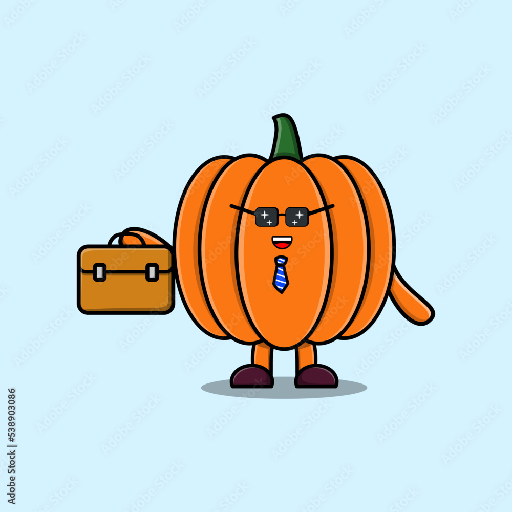 Obraz premium Cute cartoon Pumpkin businessman character holding suitcase illustration