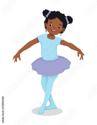 Cute little African girl ballerina practicing ballet dancing style in the room