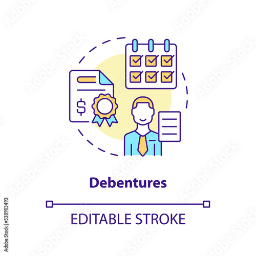 Debentures concept icon. Debt instrument. Source of long term financing abstract idea thin line illustration. Isolated outline drawing. Editable stroke. Arial, Myriad Pro-Bold fonts used