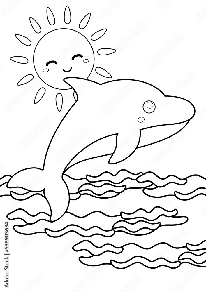 Naklejka premium Dolphin Underwater Animals Coloring Pages A4 for Kids and Adult