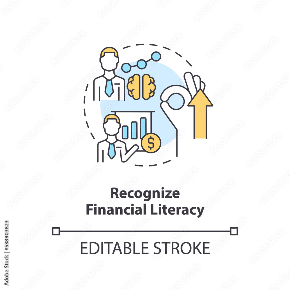 Recognize financial literacy concept icon. Financial management for startup abstract idea thin line illustration. Isolated outline drawing. Editable stroke. Arial, Myriad Pro-Bold fonts used