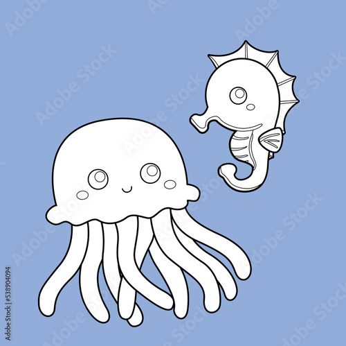 Jellyfish and Seahorse Underwater Animals Digital Stamp