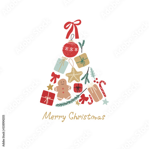 Vector Illustration with presents, candies, etc. and text Merry Christmas. For greeting card, party invitation, post in social media or mailing, web, advertising banner, sale brochure, cover, poster