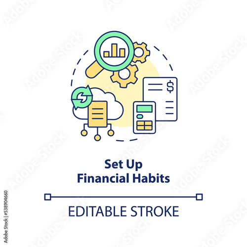 Set up financial habits concept icon. Managing small business finance guide abstract idea thin line illustration. Isolated outline drawing. Editable stroke. Arial, Myriad Pro-Bold fonts used