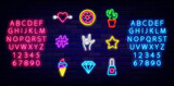 Pop art neon icons collection. Heart with arrow, nail polish and diamond. Cactus, donut and star. Vector illustration