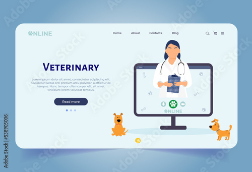 Pet shop landing page template. Online veterinary online consultant. Pets care. Screen for ui, web. Flat cartoon style.