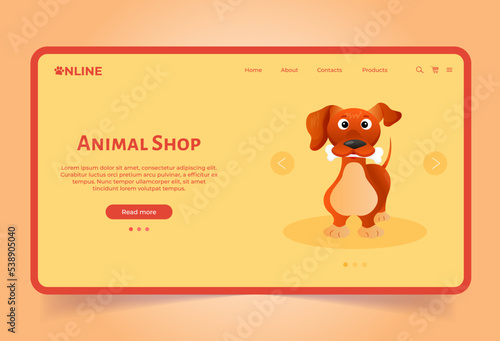 Landing page template for animal shop. Online petstore. Dog cat shop. Pets care. Screen for ui, web. Flat cartoon style. photo