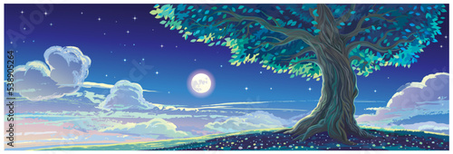 Night natural landscape, with an old, ancient tree, a starry sky and the moon.