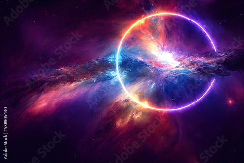 Galactic Deep Space Halo. Stunning Landscape of Universe. Cosmos Nebula Concept Art. Glow Stardust and Blackhole. 3D Illustration. 