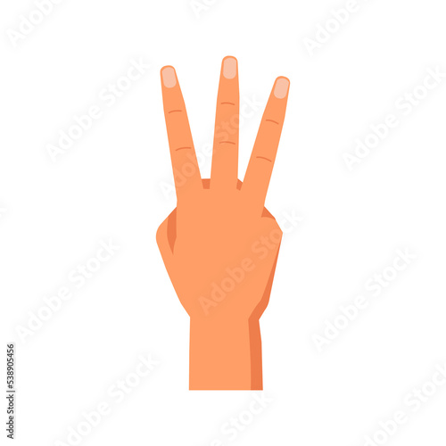 Hand gesture, isolated arm showing raised fingers, nonverbal communication and signs. Counting or enumeration, presenting digits. Vector in flat style